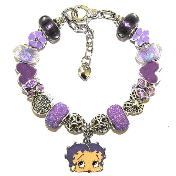 Betty Boop Bracelet With European Beads w/Rare Fleischer Betty Purple Hair Charm - Picture 2 of 7